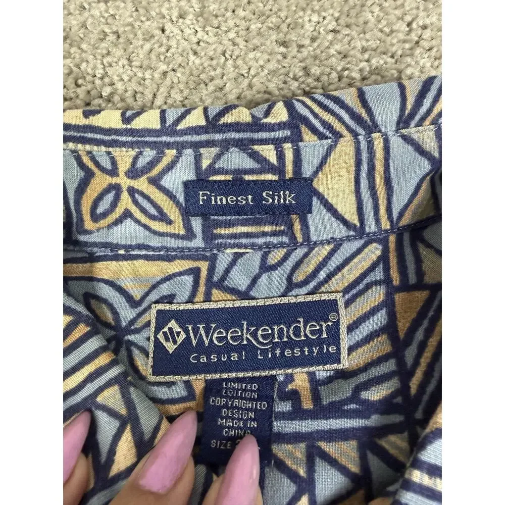 Weekender Shirt Mens 2XL Blue Geometric Short Sleeve Button Up Silk Cotton